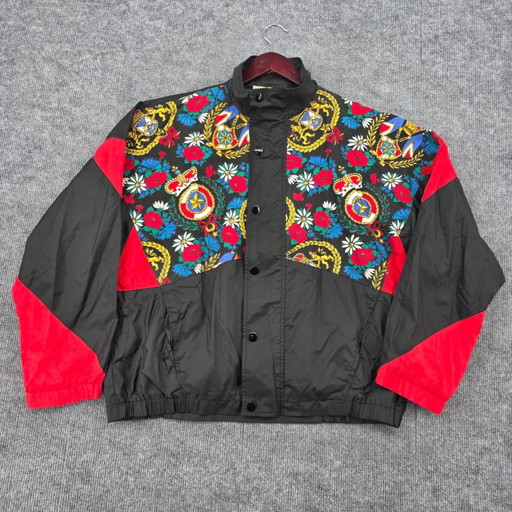 Vintage Wear 2B Seen Floral Crest Windbreaker Jacket Black Red Sample Womens M